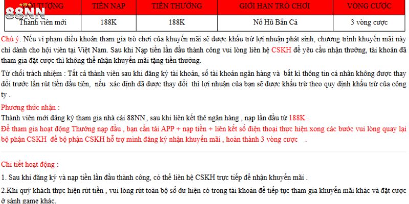 Khuyến mãi 88nn chào mừng dành cho người đăng ký mới và lần nạp đầu